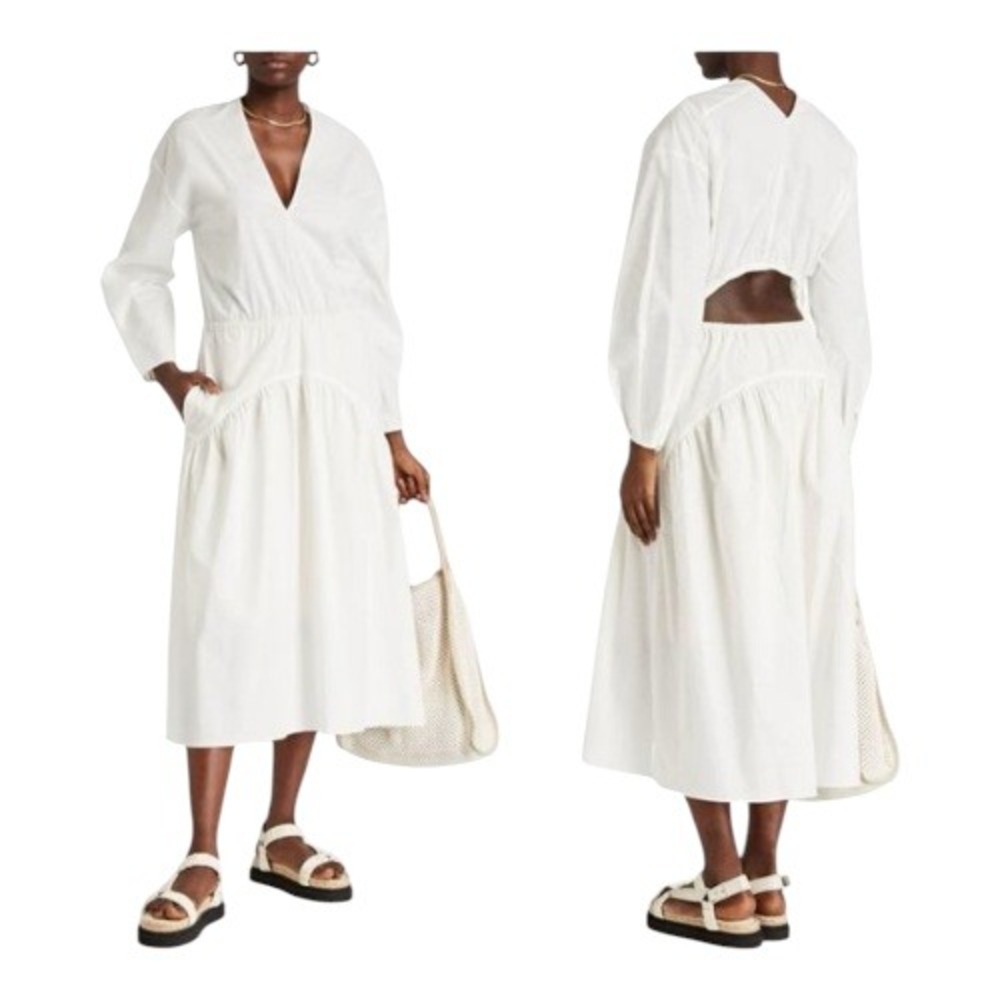 Vince White Long Sleeve Dress V Neck Cutout Midi Bridal Bachelorette Vacation XS